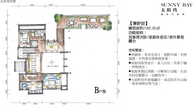 太阳湾别墅B户型图奢舒层 建筑面积：165.01㎡