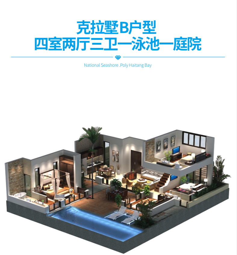 保利海棠湾项目二期克拉墅B户型四室两厅三卫一泳池一庭院 建筑面积：90.7㎡