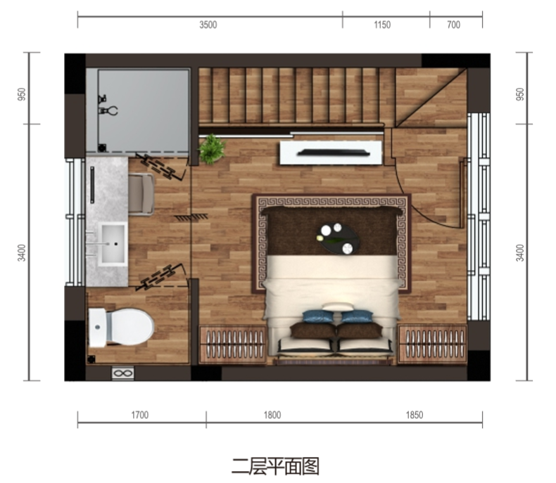 保利海棠湾项目二期克拉墅B户型二层平面图四室两厅三卫一泳池一庭院 建筑面积：90.7㎡