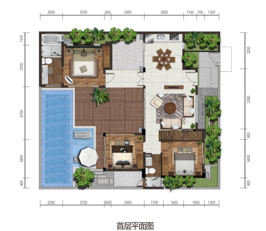 保利海棠湾项目二期克拉墅B户型首层平面图四室两厅三卫一泳池一庭院 建筑面积：90.7㎡