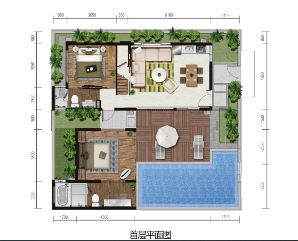 保利海棠湾项目二期克拉墅A户型首层平面图三室两厅三卫一泳池一庭院 建筑面积：69.6㎡