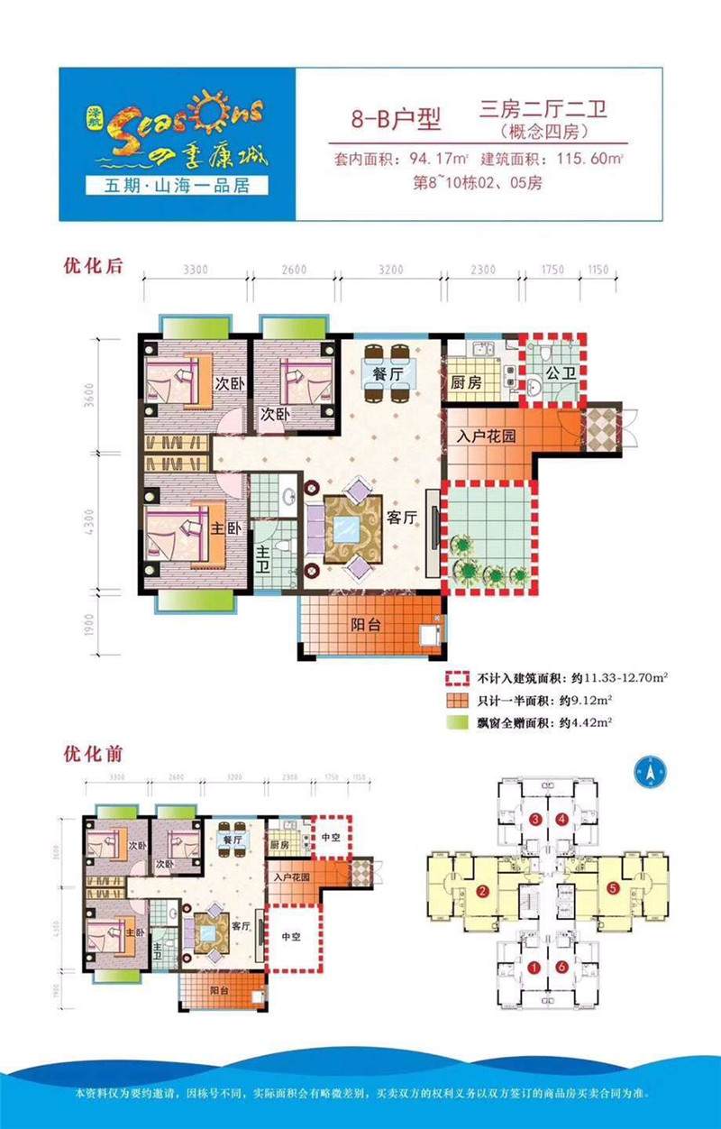 四季康城五期山海一品居8B户型 三房两厅两卫 建筑面积：115.6㎡